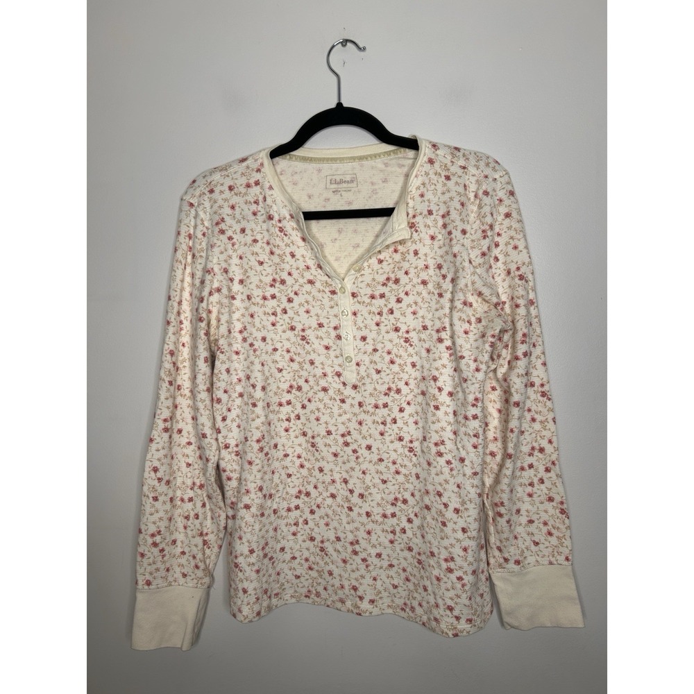 L.L. Bean Women's Cream Floral Thermal Button Henley Top Shirt Size Large - Picture 2 of 8
